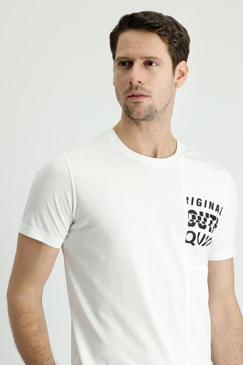 White Crew Neck Slim Fit Printed Cotton T-shirt