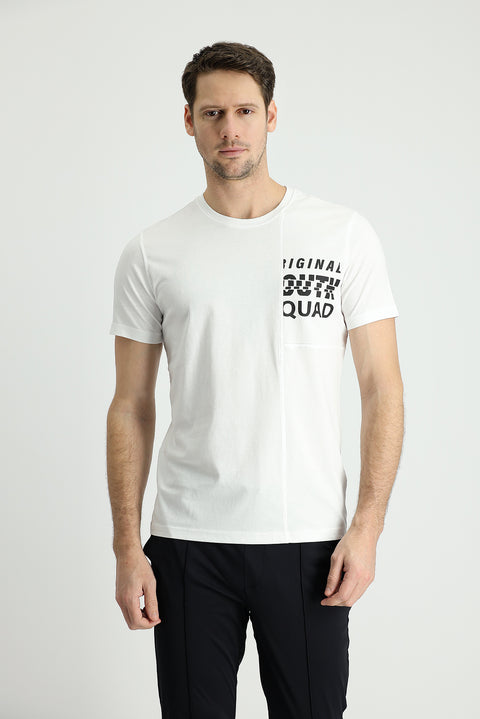 White Crew Neck Slim Fit Printed Cotton T-shirt