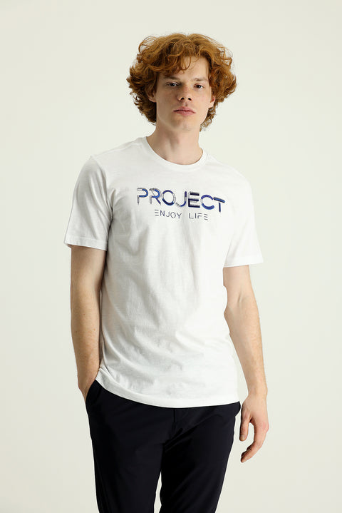 White Crew Neck Slim Fit Printed Cotton T-shirt