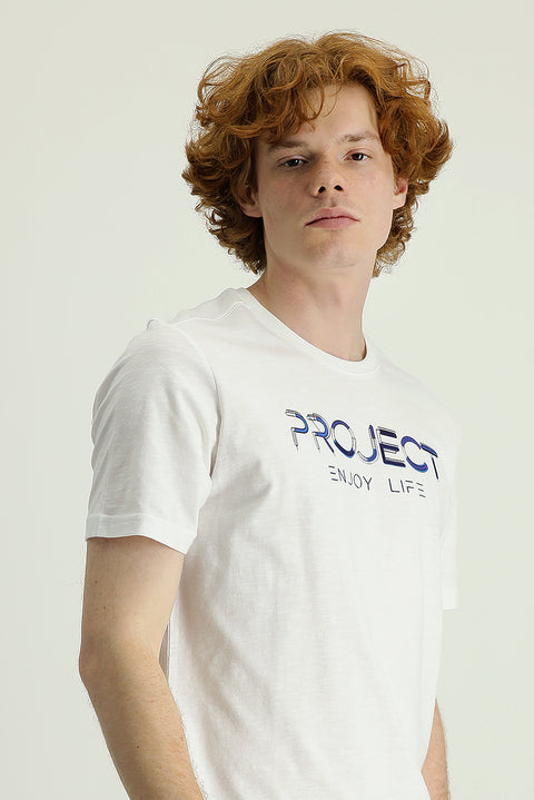 White Crew Neck Slim Fit Printed Cotton T-shirt