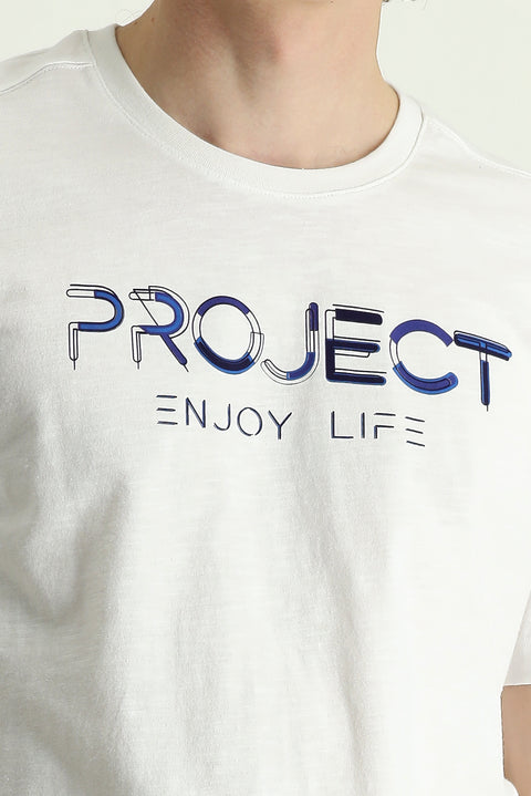 White Crew Neck Slim Fit Printed Cotton T-shirt