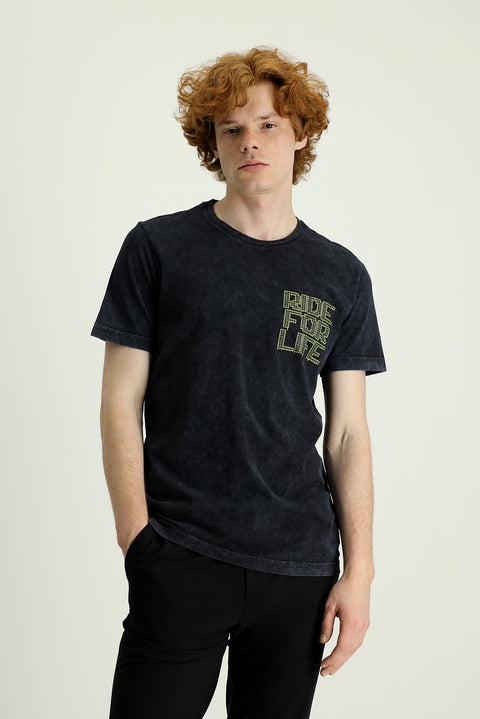 Medium Grey Crew Neck Slim Fit Printed Cotton T-Shirt