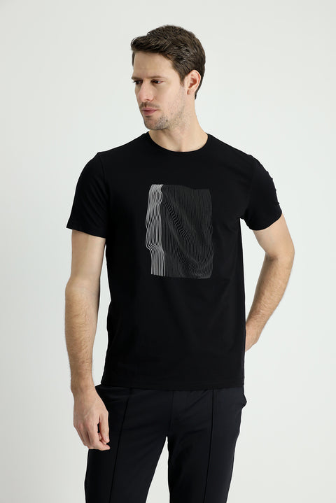 Black Crew Neck Slim Fit Printed Cotton T-Shirt
