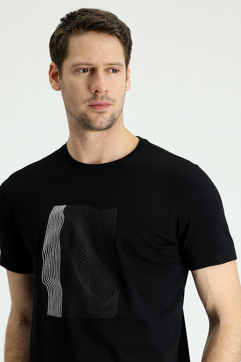 Black Crew Neck Slim Fit Printed Cotton T-Shirt