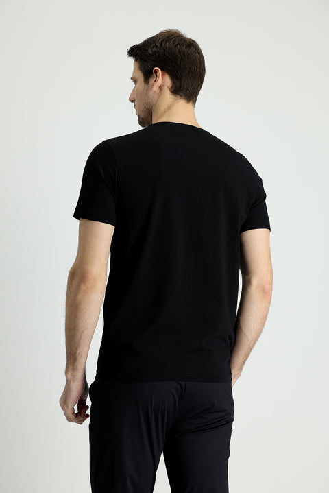 Black Crew Neck Slim Fit Printed Cotton T-Shirt