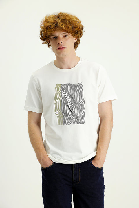 Cream Crew Neck Slim Fit Printed Cotton T-Shirt