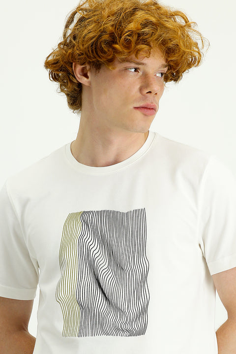 Cream Crew Neck Slim Fit Printed Cotton T-Shirt