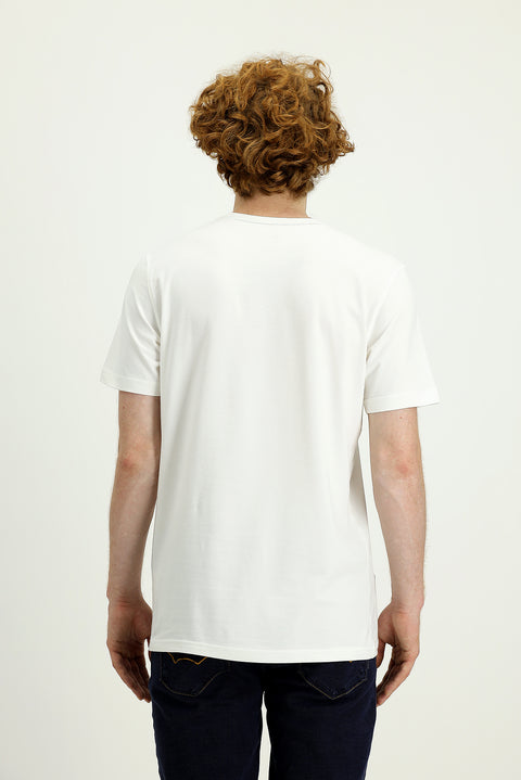 Cream Crew Neck Slim Fit Printed Cotton T-Shirt