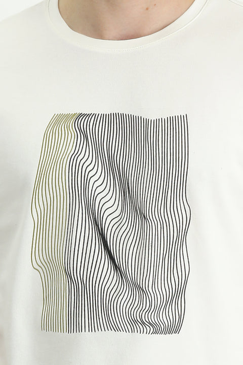 Cream Crew Neck Slim Fit Printed Cotton T-Shirt