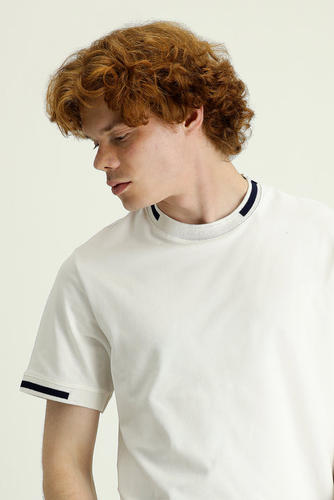 Off-White Crew Neck Slim Fit Patterned Cotton T-shirt