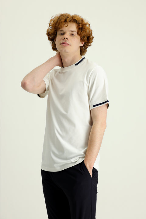 Off-White Crew Neck Slim Fit Patterned Cotton T-shirt