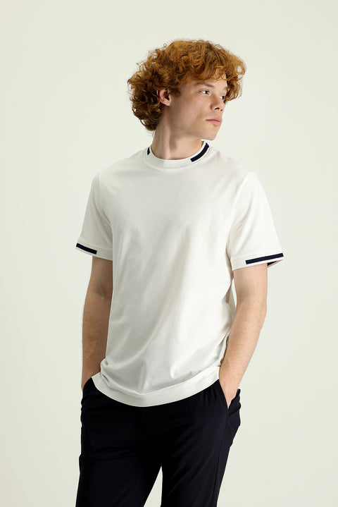 Off-White Crew Neck Slim Fit Patterned Cotton T-shirt