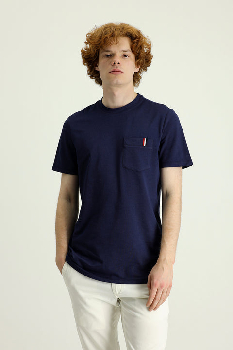 Medium Navy Crew Neck Slim Fit Printed Cotton T-Shirt