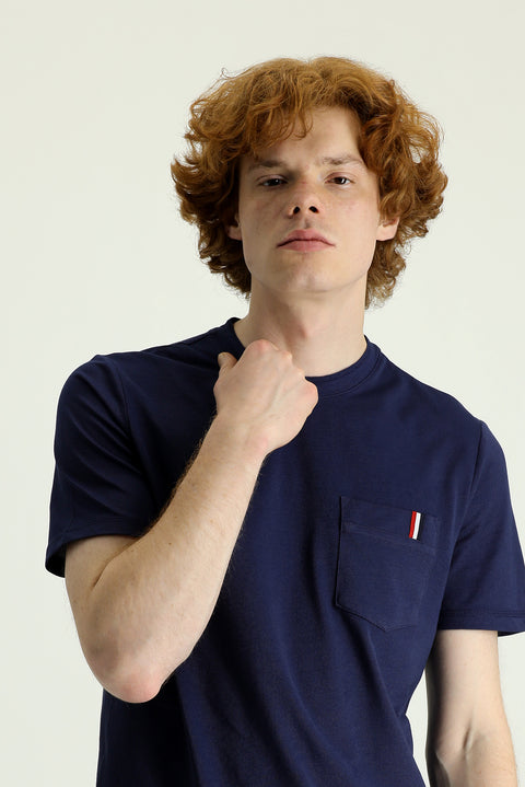 Medium Navy Crew Neck Slim Fit Printed Cotton T-Shirt
