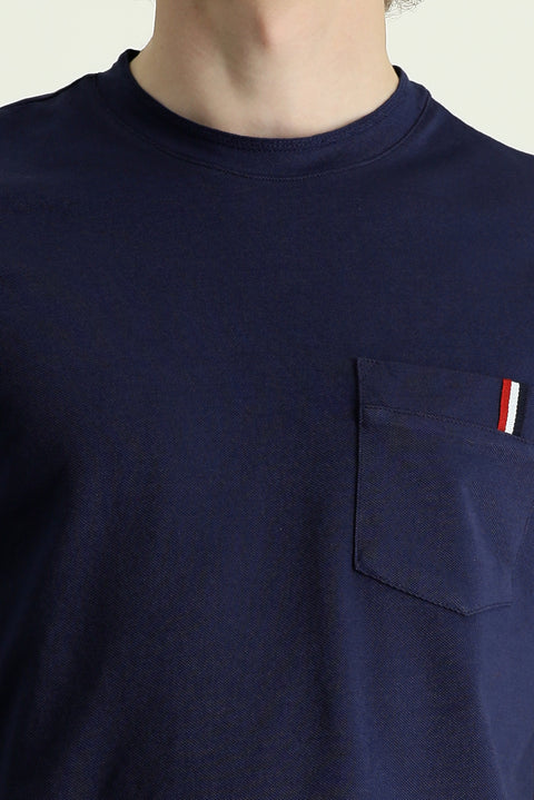 Medium Navy Crew Neck Slim Fit Printed Cotton T-Shirt
