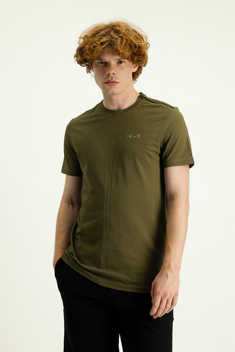 Navy Blue Crew Neck Slim Fit Printed Cotton T-Shirt