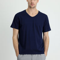 Medium Navy V-Neck Regular Fit Embroidered Cotton Supreme T-Shirt