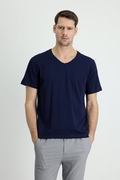 Medium Navy V-Neck Regular Fit Embroidered Cotton Supreme T-Shirt