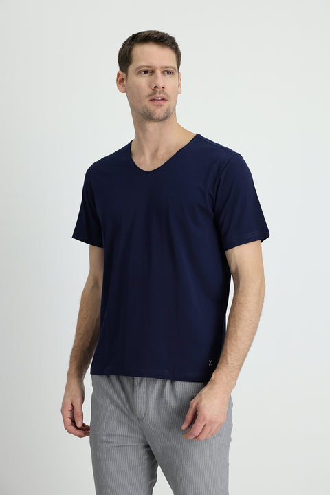 Medium Navy V-Neck Regular Fit Embroidered Cotton Supreme T-Shirt
