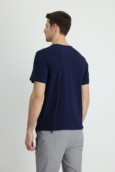 Medium Navy V-Neck Regular Fit Embroidered Cotton Supreme T-Shirt