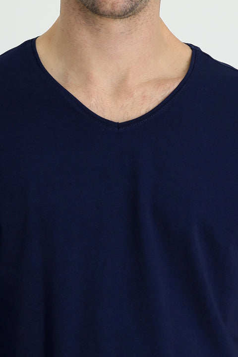 Medium Navy V-Neck Regular Fit Embroidered Cotton Supreme T-Shirt