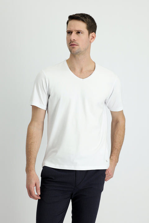 White V-Neck Regular Fit Embroidered Cotton Supreme T-Shirt