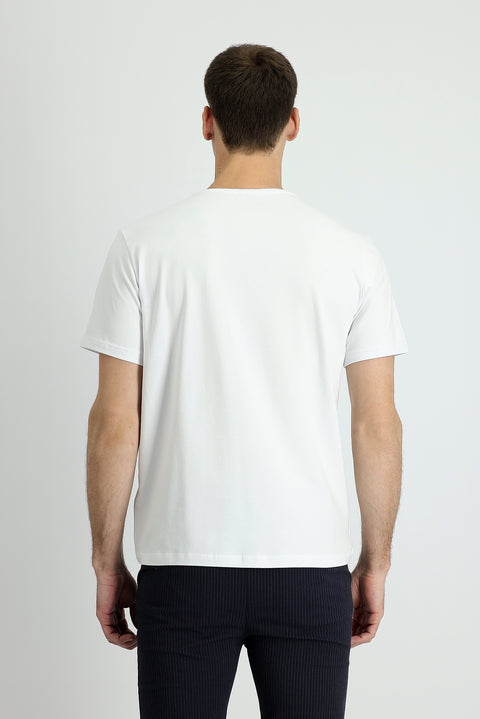White V-Neck Regular Fit Embroidered Cotton Supreme T-Shirt