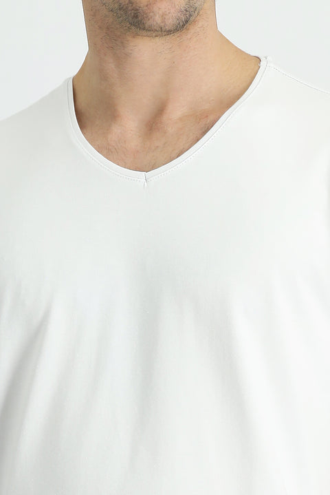 White V-Neck Regular Fit Embroidered Cotton Supreme T-Shirt