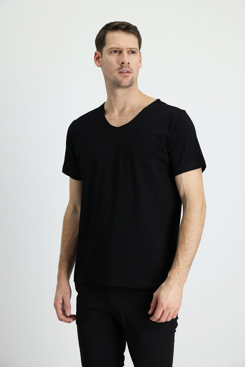 Black V-Neck Slim Fit Narrow Cut Embroidered Supima Cotton T-Shirt