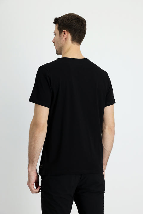 Black V-Neck Slim Fit Narrow Cut Embroidered Supima Cotton T-Shirt