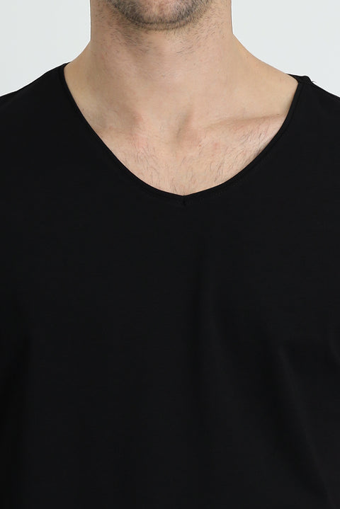Black V-Neck Slim Fit Narrow Cut Embroidered Supima Cotton T-Shirt
