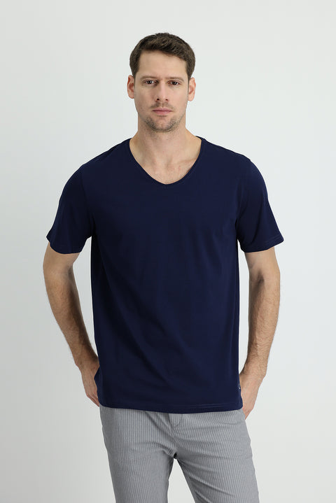 Mid-Navy V-Neck Slim Fit Embroidered Supima T-Shirt