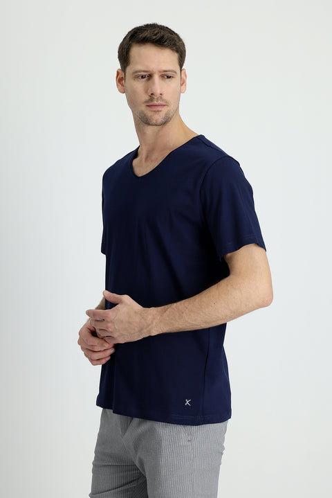 Mid-Navy V-Neck Slim Fit Embroidered Supima T-Shirt