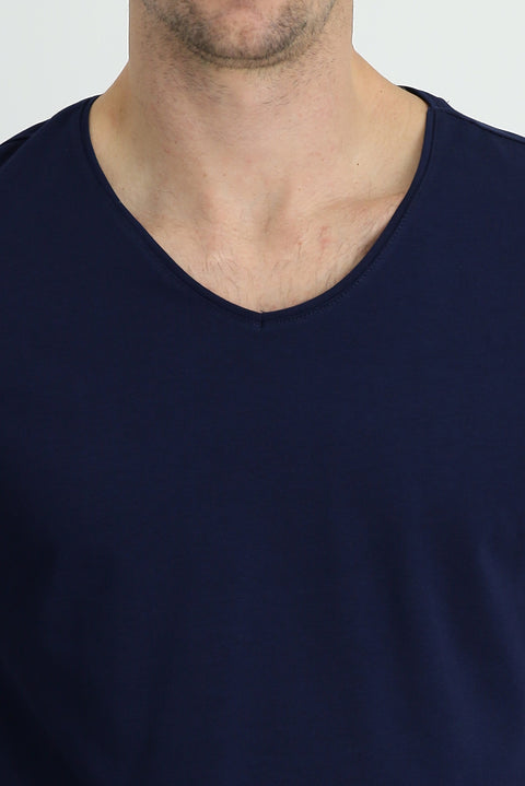 Mid-Navy V-Neck Slim Fit Embroidered Supima T-Shirt