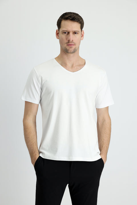White V-Neck Slim Fit Embroidered Cotton Supreme T-Shirt