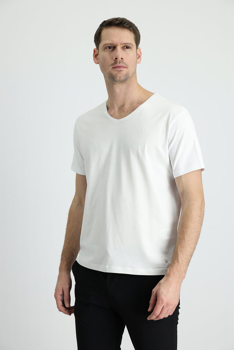 White V-Neck Slim Fit Embroidered Cotton Supreme T-Shirt
