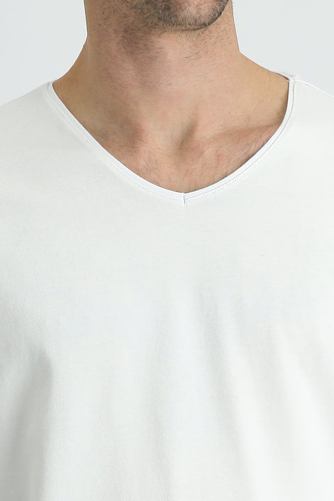 White V-Neck Slim Fit Embroidered Cotton Supreme T-Shirt