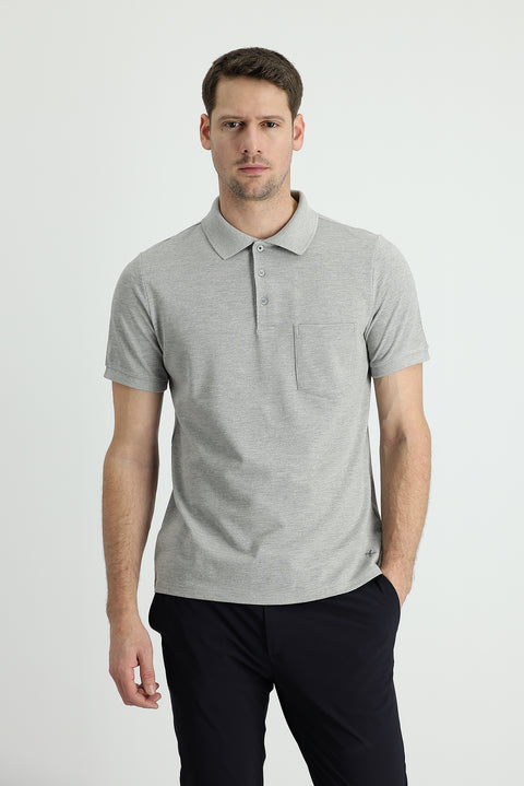 Medium Grey Melange Polo Collar Regular Fit Embroidered Cotton T-Shirt