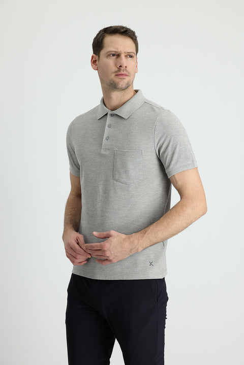 Medium Grey Melange Polo Collar Regular Fit Embroidered Cotton T-Shirt