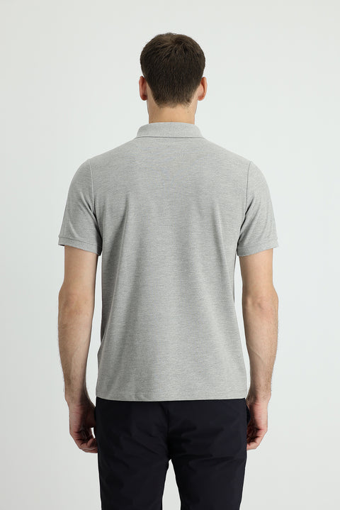 Medium Grey Melange Polo Collar Regular Fit Embroidered Cotton T-Shirt