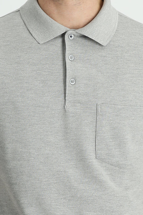 Medium Grey Melange Polo Collar Regular Fit Embroidered Cotton T-Shirt