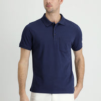 Navy Blue Polo Collar Regular Fit Embroidered Cotton T-Shirt