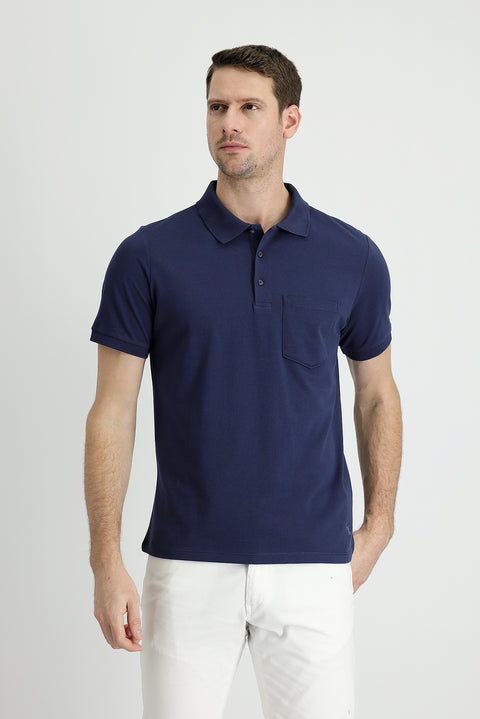 Navy Blue Polo Collar Regular Fit Embroidered Cotton T-Shirt