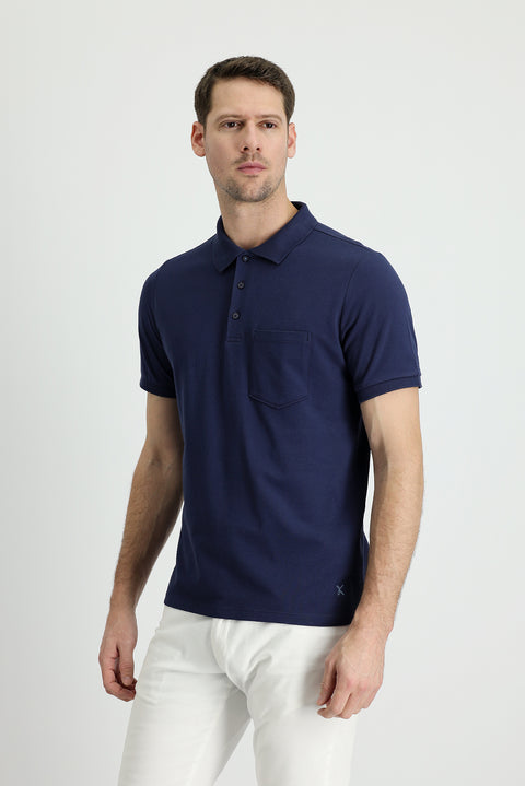 Navy Blue Polo Collar Regular Fit Embroidered Cotton T-Shirt