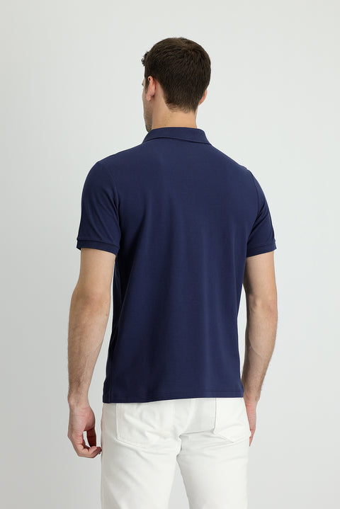Navy Blue Polo Collar Regular Fit Embroidered Cotton T-Shirt