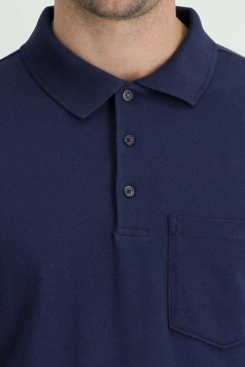 Navy Blue Polo Collar Regular Fit Embroidered Cotton T-Shirt