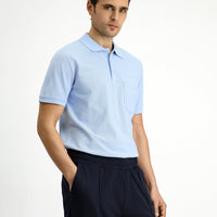 Light Blue Polo Collar Regular Fit Embroidered Cotton T-Shirt