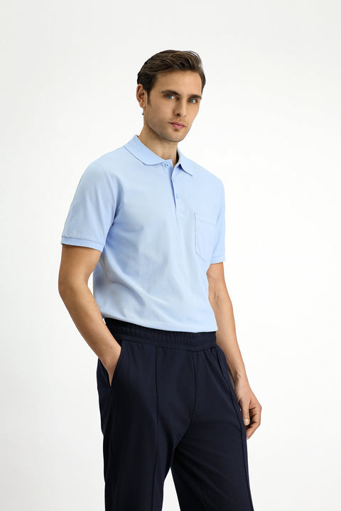 Light Blue Polo Collar Regular Fit Embroidered Cotton T-Shirt
