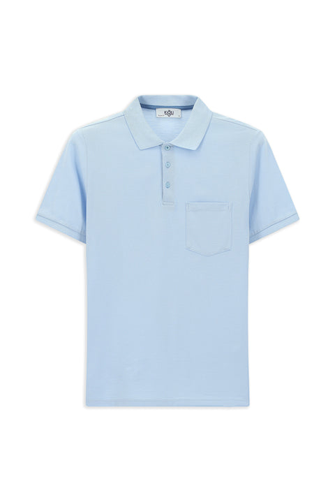 Light Blue Polo Collar Regular Fit Embroidered Cotton T-Shirt