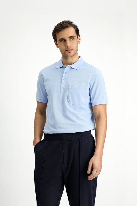 Light Blue Polo Collar Regular Fit Embroidered Cotton T-Shirt